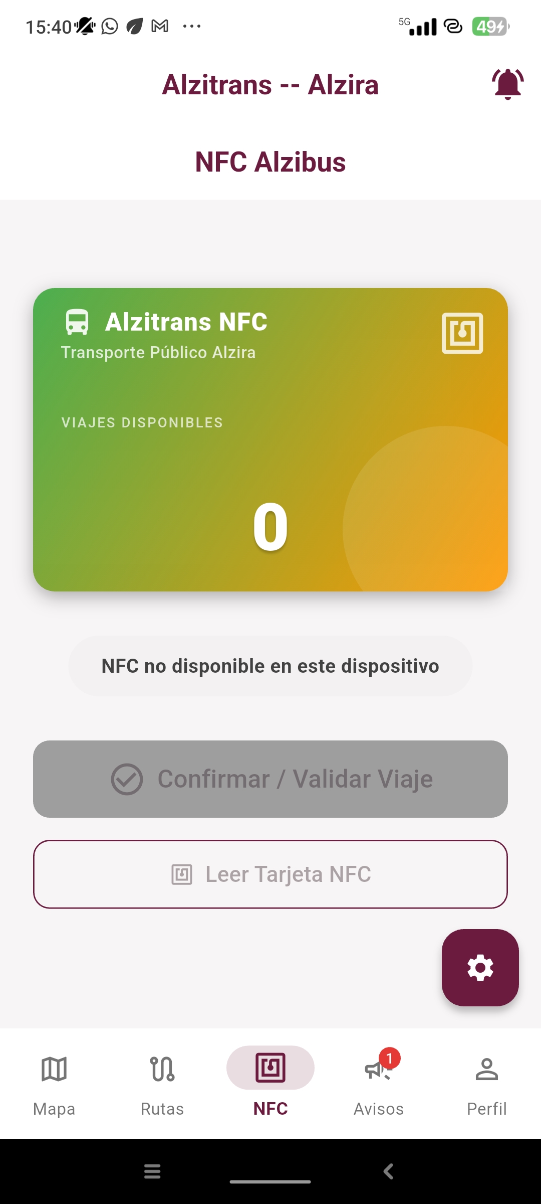 Lectura NFC de tarjeta de transporte de Alzira con Alzitrans - consulta saldo e historial
