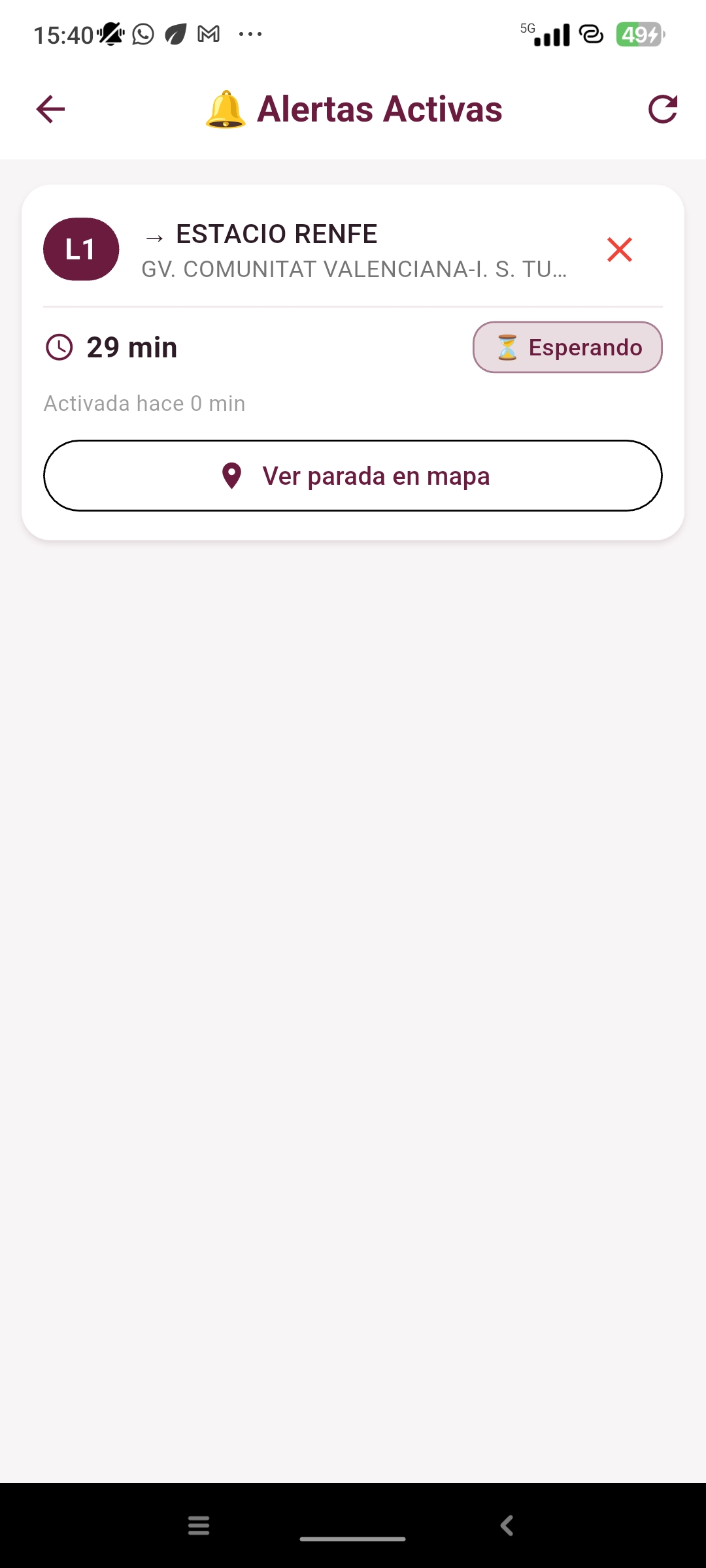 Pantalla de alertas inteligentes de Alzitrans: notificación cuando el bus de Alzira está a 5 minutos