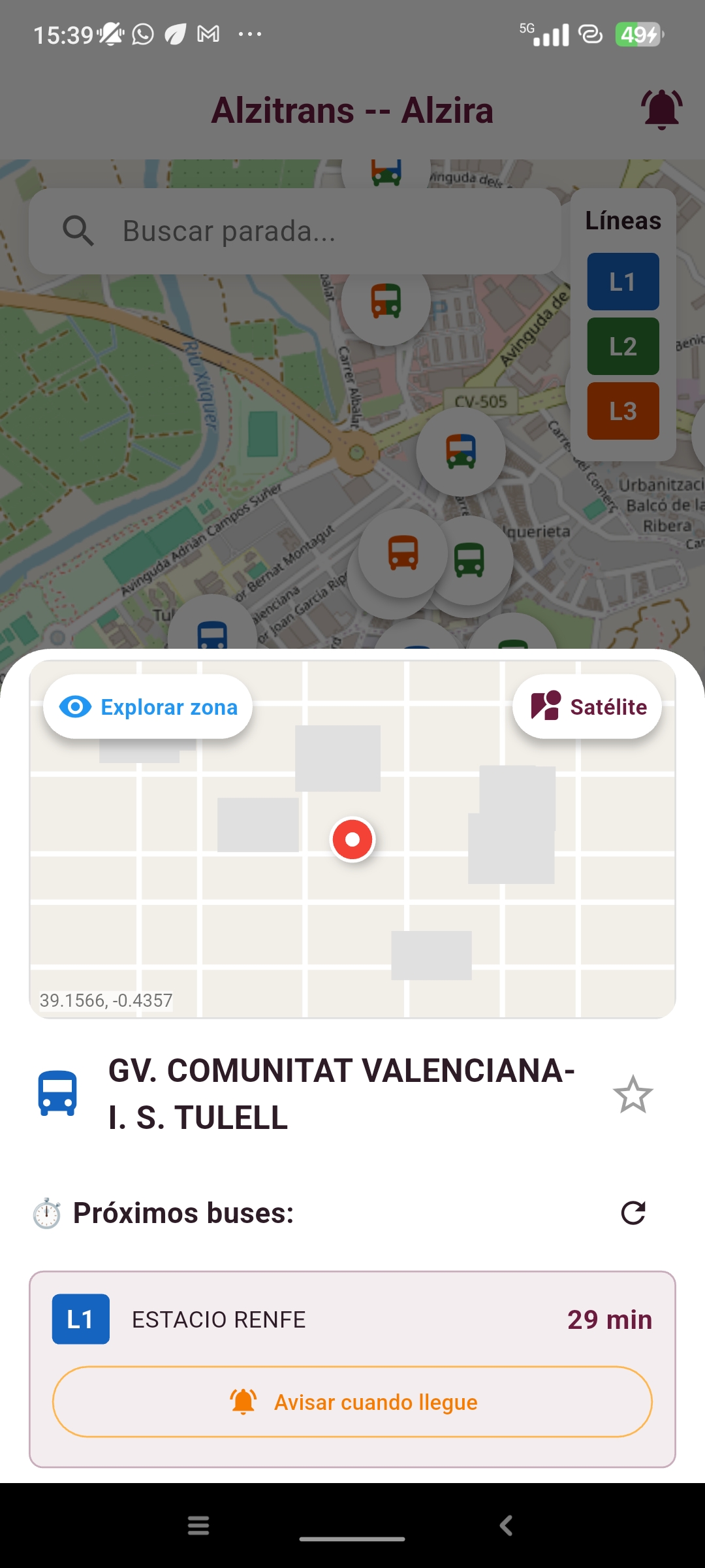 Mapa interactivo de paradas y líneas de bus en Alzira con tiempos de llegada