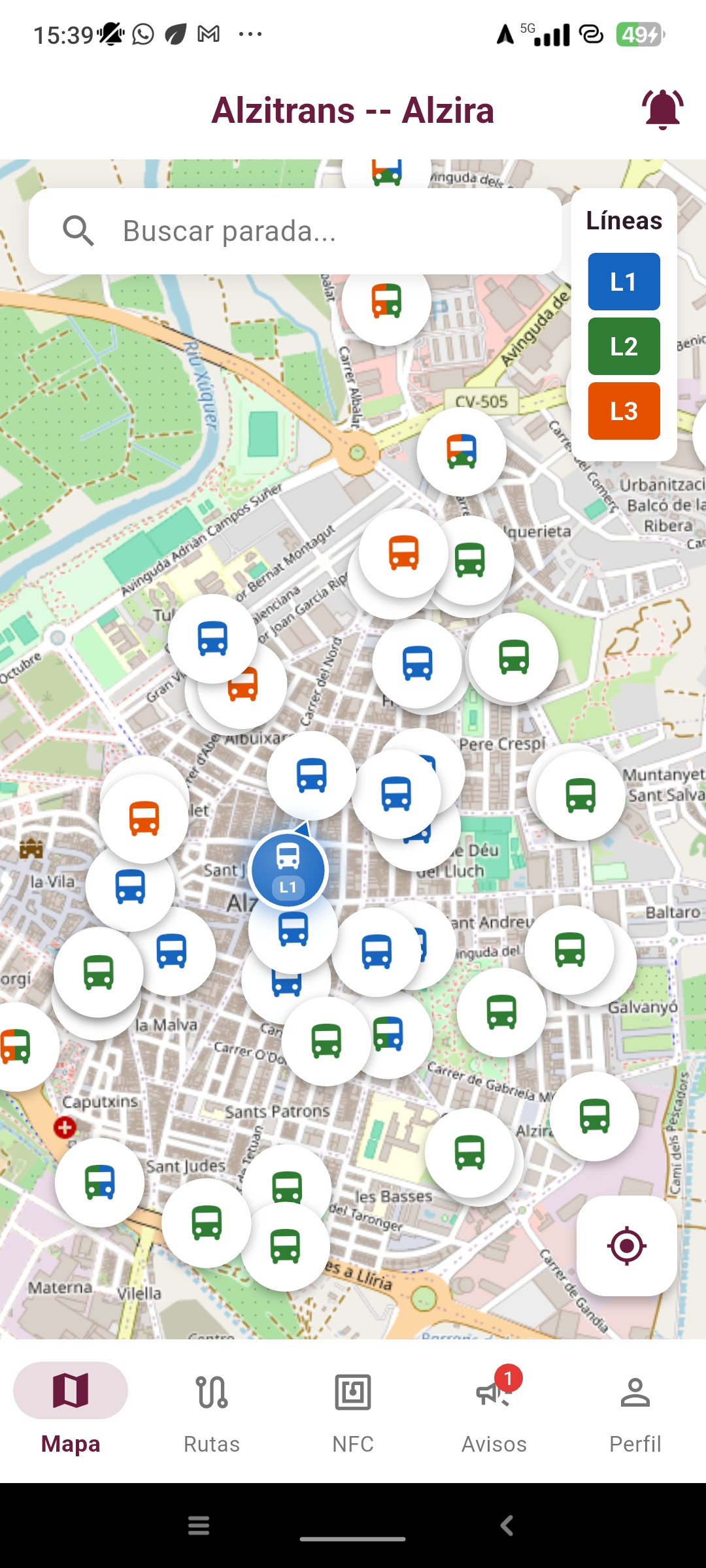 Pantalla principal de Alzitrans - Mapa con tiempos de llegada del bus de Alzira en tiempo real